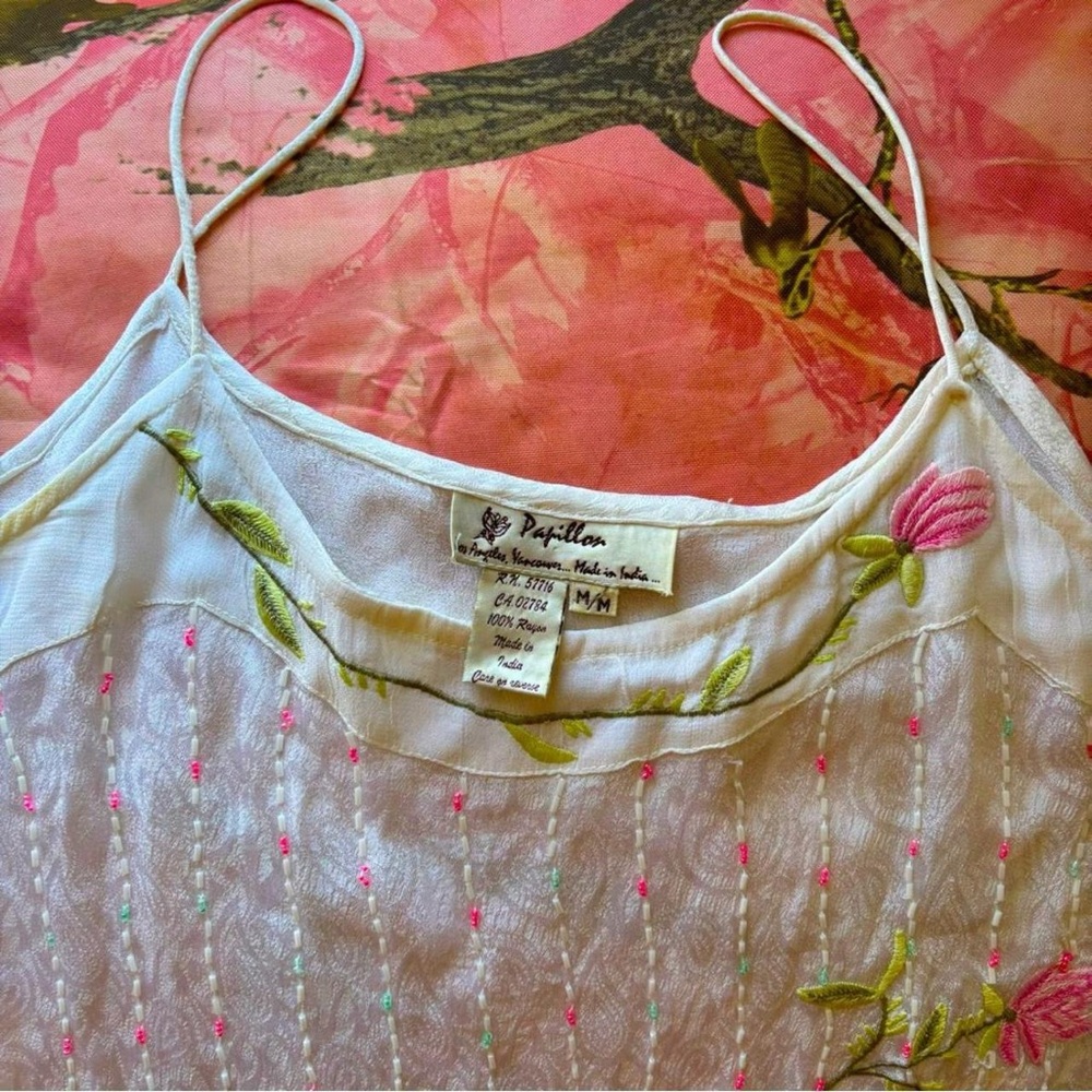 true vintage papillon beaded hand stitched floral tulip silk y2k camisole - Picture 8 of 8